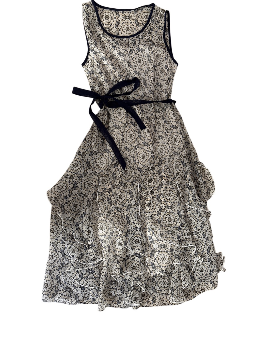 Robbie Bee Navy and White Sleeveless Midi Dress with Tie Waist